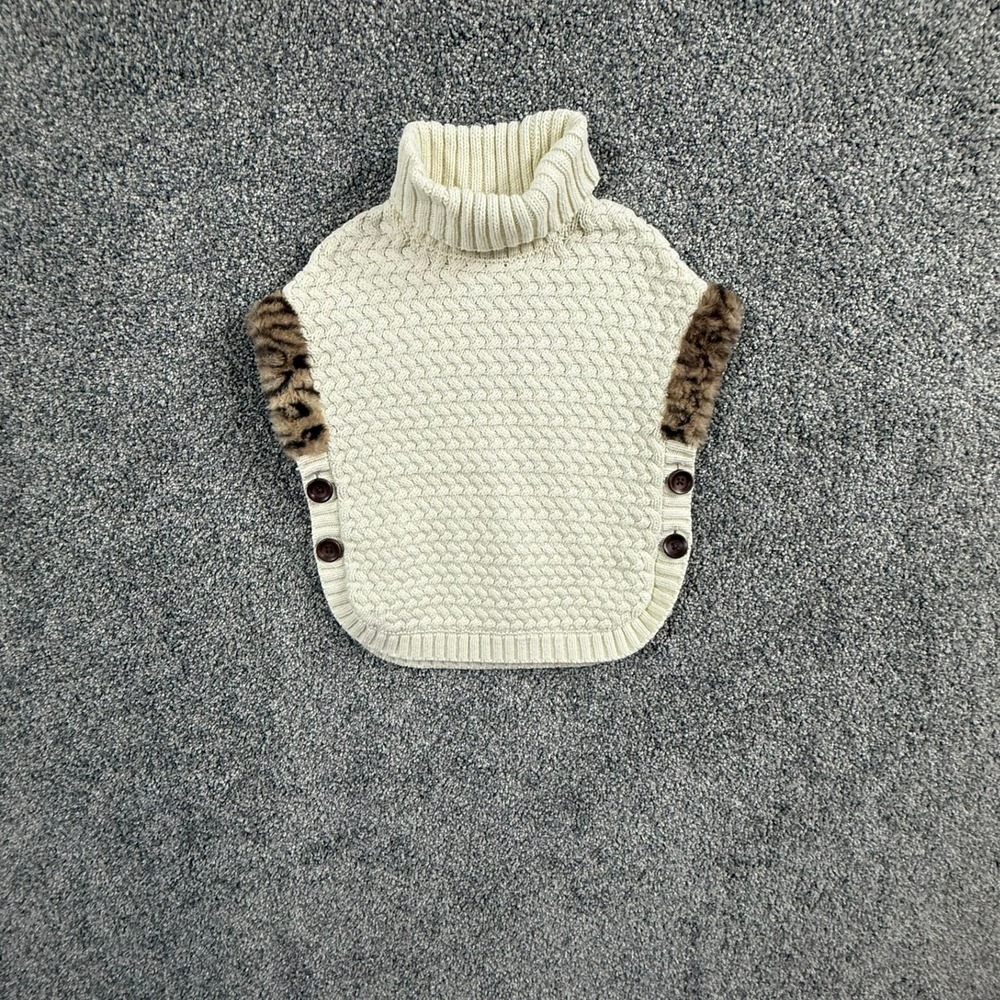 Aspen Kids Girls Ivory Cable Knit Poncho Faux Fur Leopard Trim Turtleneck 3T